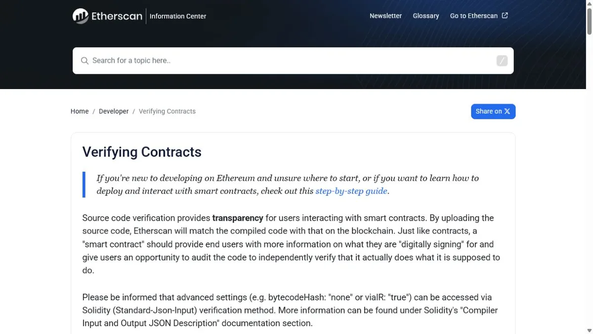 Etherscan 公開合約程式碼驗證文件頁面